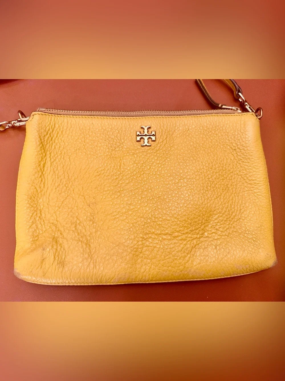 Tory Burch Pebbled Yellow Leather cross-body bag with Gold Logo